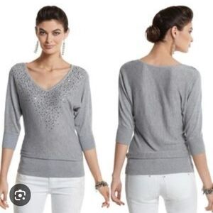 White House Black Market Gray V-Neck Sweater with Embellishments